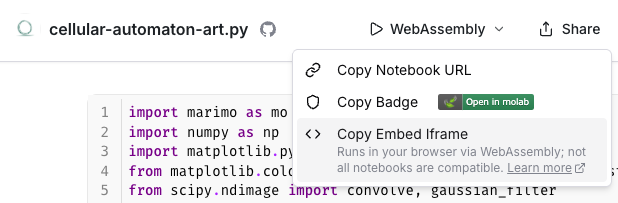 Screenshot of the molab share dropdown on a WebAssembly preview, with a Copy Embed Iframe option